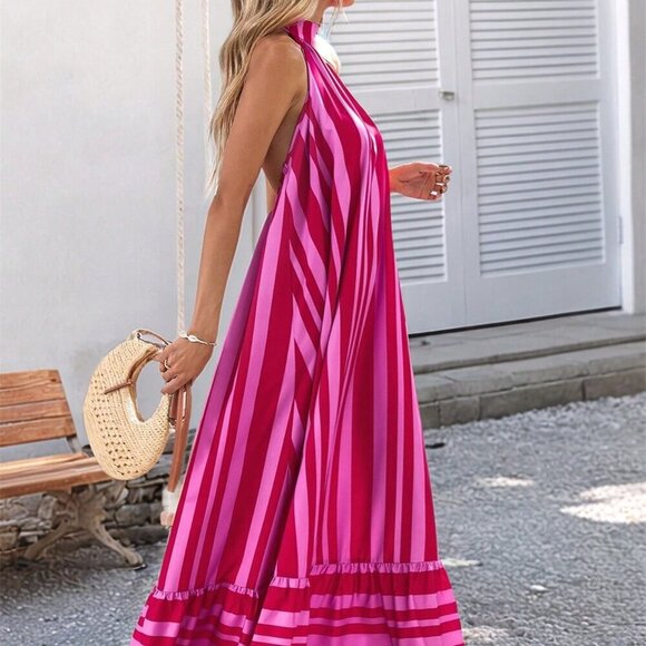 Pink Casual Women's Woven Striped Print Spaghetti Strap Dress - Picture 5 of 6